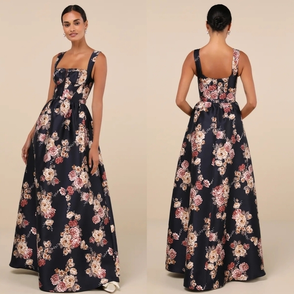 Lulus Dresses & Skirts - Lulus Elegant Pick Navy Blue Floral Sleeveless Bustier Maxi Dress S Wedding Prom